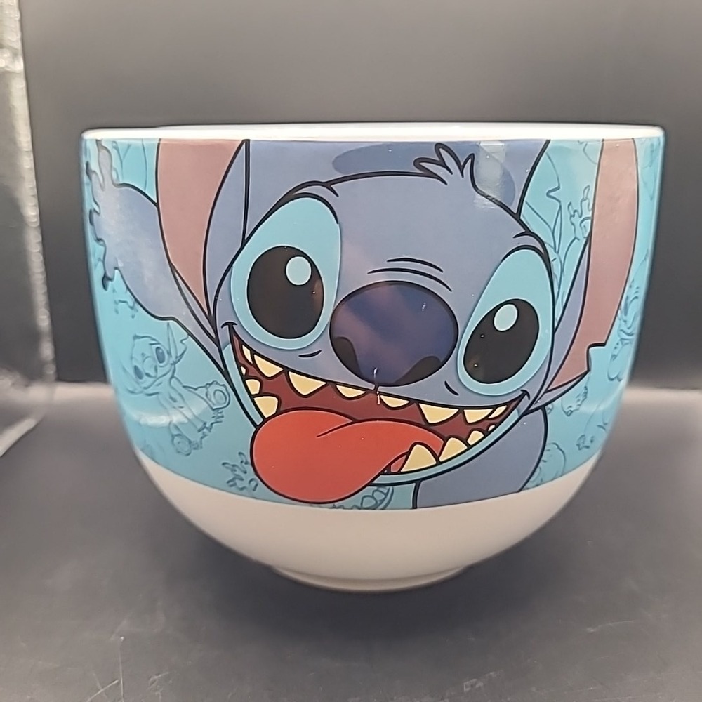 Disney Stitch Ramen Bowl Blue Lg Ceramic Noodle Bowl with Chopstick Holder Notch